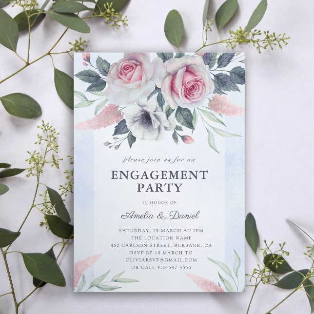 Invitación Elegante partido de compromiso azul de rosas rosas (Subido por el creador)