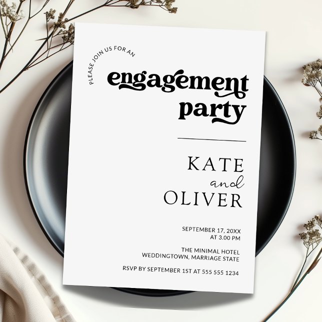Invitación Elegante Partido de compromiso blanco negro retro  (Stylish Minimal Retro Black White Engagement Party Invitation
)