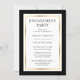 Invitación Elegante partido de compromiso blanco negro y oro