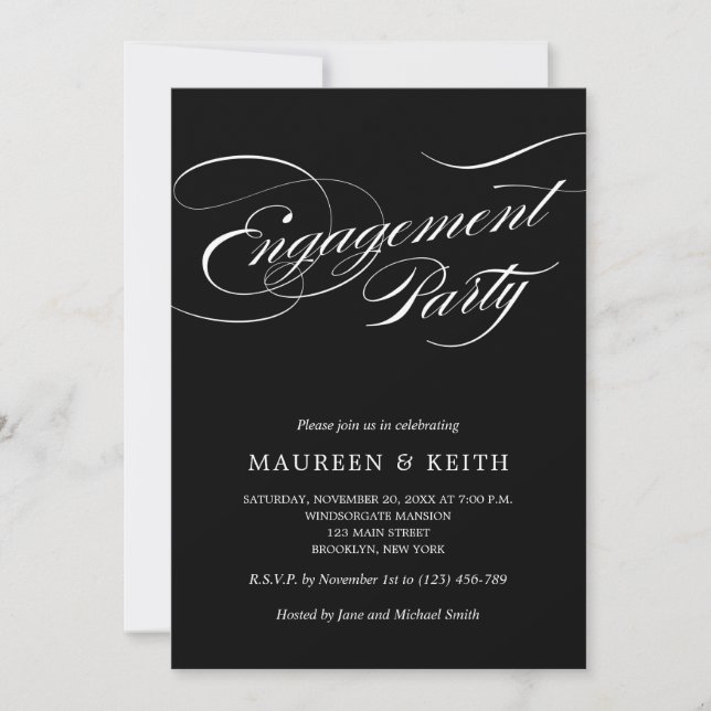 Invitación Elegante Partido de Compromiso Blanco y Negro (Anverso)