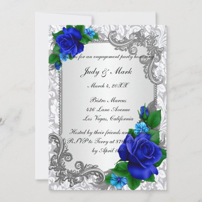 Invitación Elegante Partido de Compromiso Boda de Rosas Azule (Anverso)