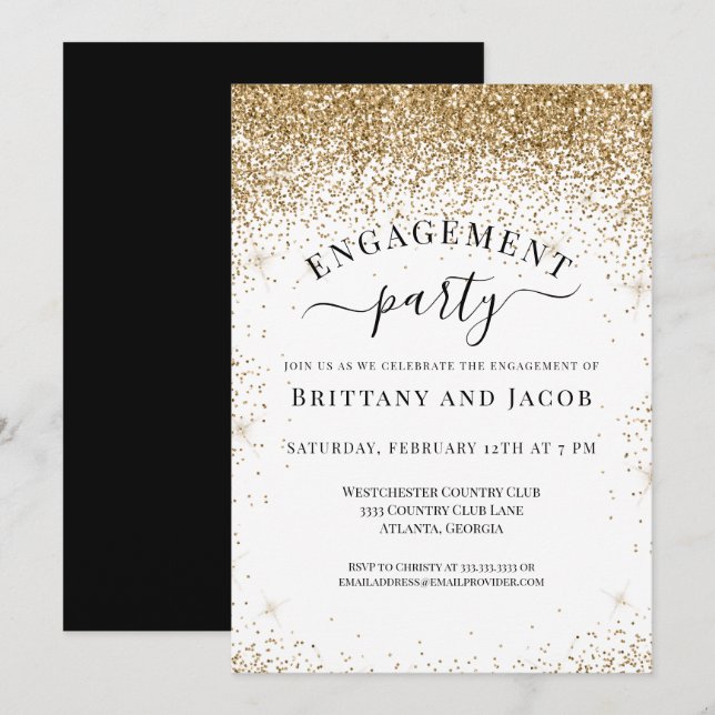 Invitación Elegante Partido de Compromiso Boda Purpurina de O (Anverso / Reverso)