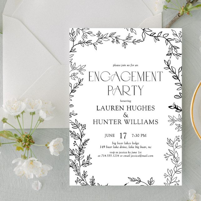 Invitación Elegante partido de compromiso botánico blanco y n (Subido por el creador)