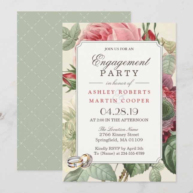 Invitación Elegante Partido de Compromiso Botánico Floral Vin (Anverso / Reverso)
