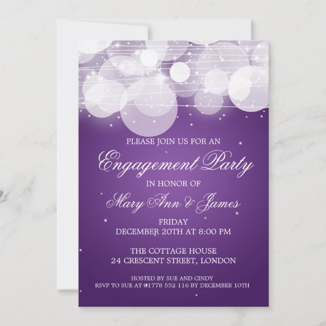 Invitación Elegante Partido de Compromiso Brillante y Morado  (Anverso)