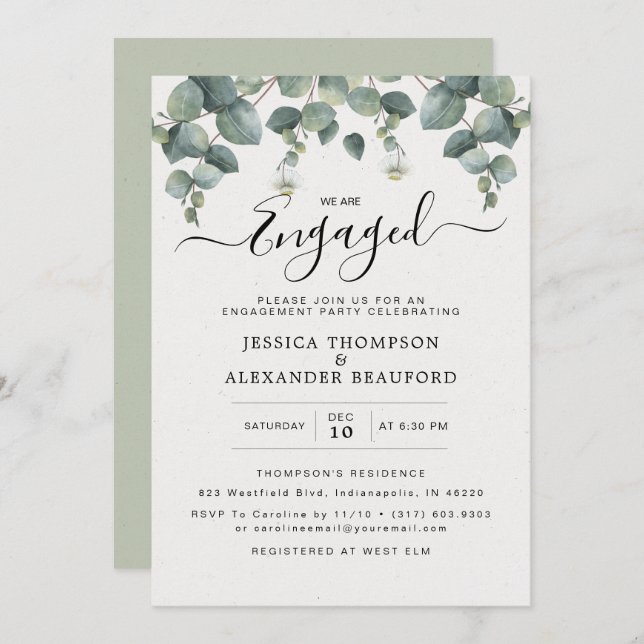 Invitación Elegante Partido de Compromiso con Eucalyptus (Anverso / Reverso)