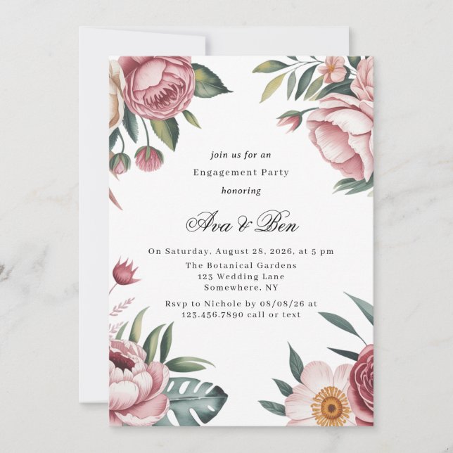 Invitación Elegante Partido de Compromiso con Flores Rosa de  (Anverso)