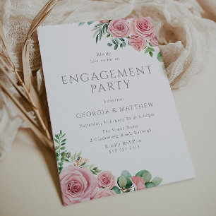 Invitación Elegante Partido de Compromiso con Flores Rosa de