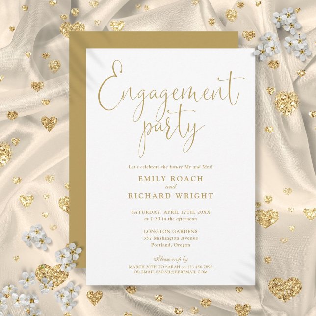 Invitación Elegante Partido de Compromiso con Guión de Oro (Elegant Gold Script Engagement Party Invitation)