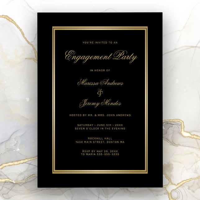 Invitación Elegante Partido de Compromiso con Guión de Oro Ne (Elegant Black and Gold Engagement Party Invitation)
