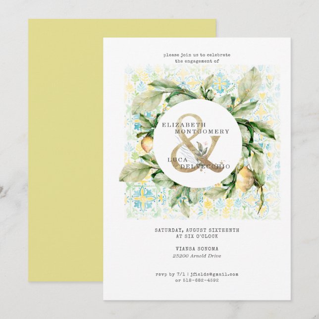 Invitación Elegante Partido de Compromiso de Bodas de Lemon G (Anverso / Reverso)