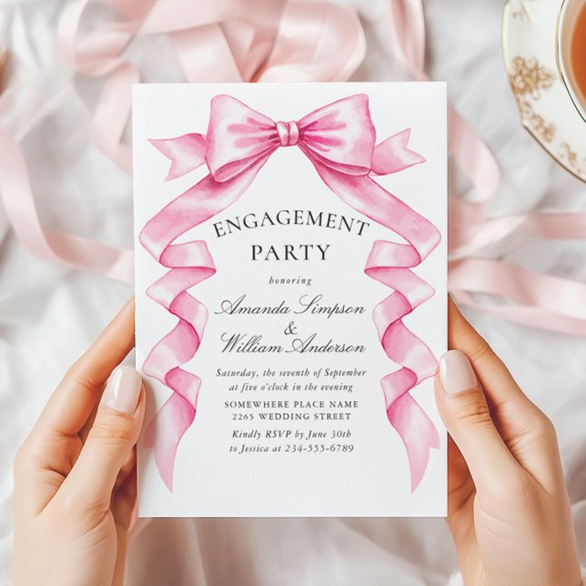 Invitación Elegante PARTIDO DE COMPROMISO DE Cinta Bow Pink (Subido por el creador)