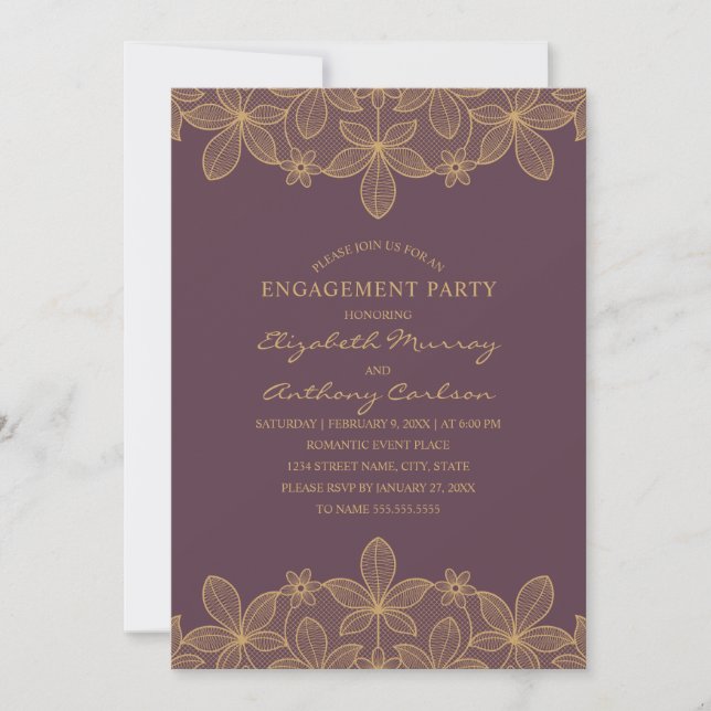 Invitación Elegante partido de compromiso de encaje dorado pú (Anverso)