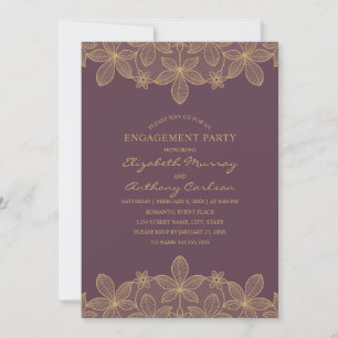 Invitación Elegante partido de compromiso de encaje dorado pú