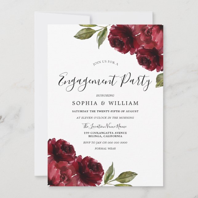 Invitación Elegante Partido de Compromiso de Flores Rojas de  (Anverso)