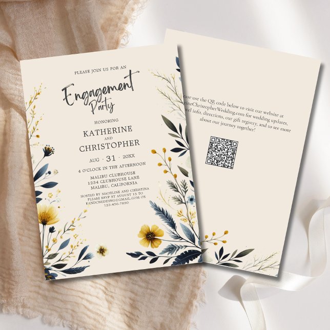 Invitación Elegante Partido de Compromiso de Flores Silvestre (Elegant Wildflowers Engagement Party Invitation with Blue and Yellow Watercolor Wildflowers, QR Code)