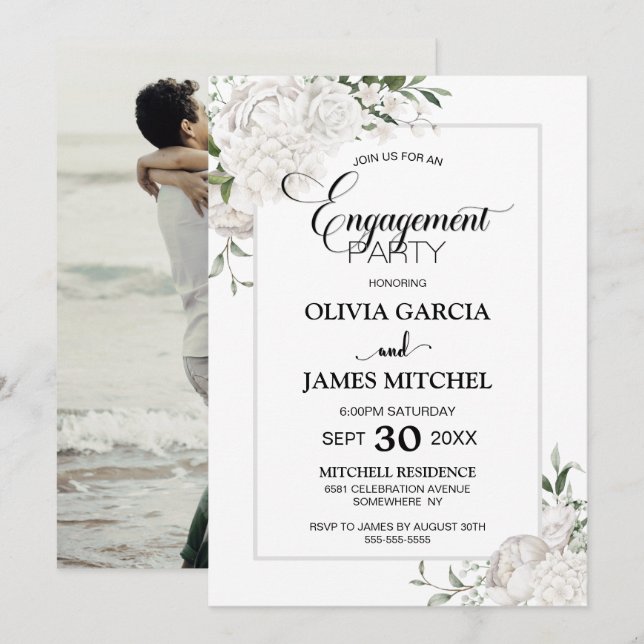 Invitación Elegante Partido de Compromiso de Fotos Florales B (Anverso / Reverso)