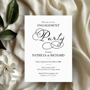 Invitación Elegante Partido De Compromiso De Guión Blanco Y N