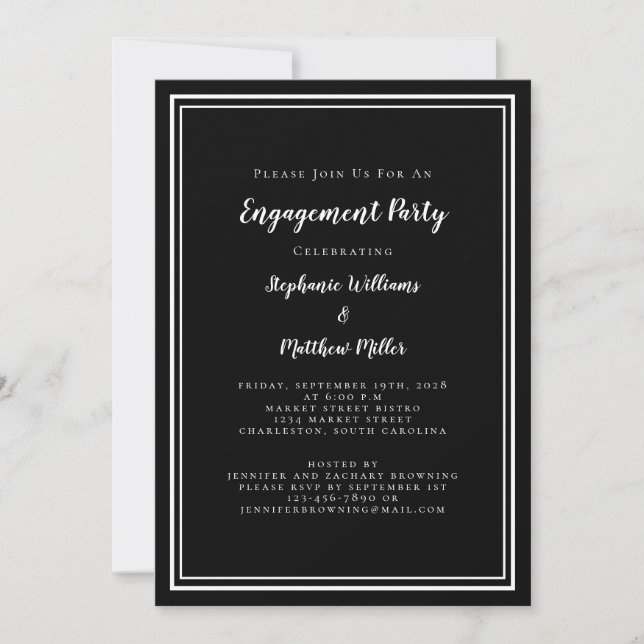 Invitación Elegante Partido de Compromiso de Guión Negro Mini (Anverso)