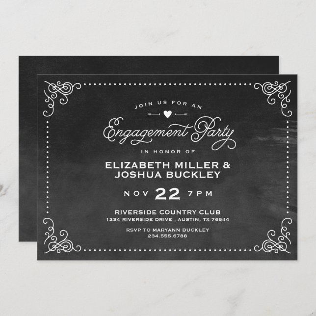 Invitación Elegante Partido de Compromiso de Guiones Vintage  (Anverso / Reverso)