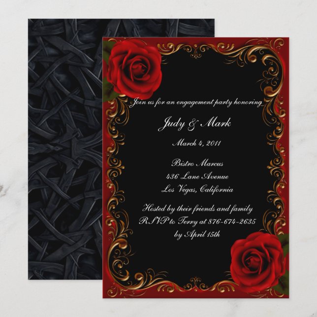 Invitación Elegante partido de compromiso de las rosas rojas  (Anverso / Reverso)