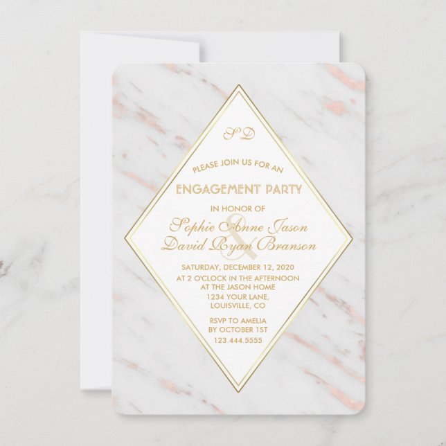 Invitación Elegante Partido de Compromiso de Mármol de Oro Ro (Anverso)