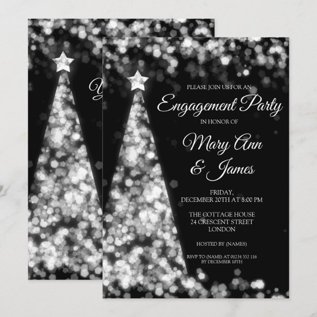 Invitación Elegante partido de compromiso de Navidades negros (Anverso / Reverso)