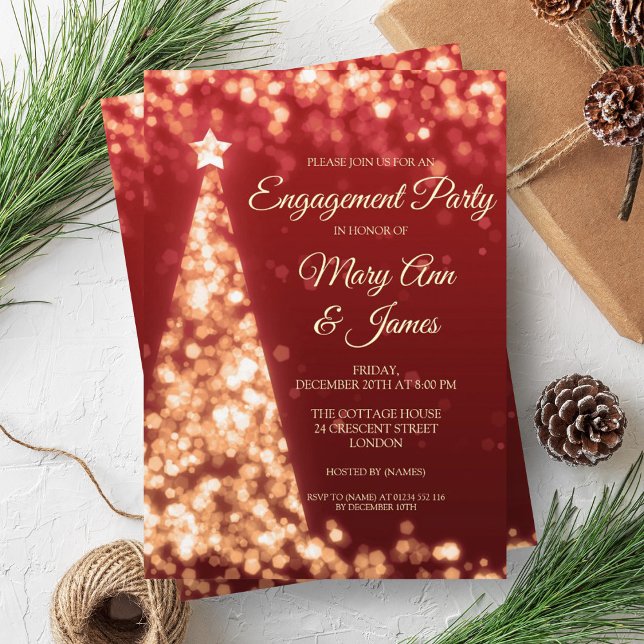 Invitación Elegante Partido de Compromiso de Navidades Rojos  (Elegant Gold & Red Christmas Engagement Party Invitation)