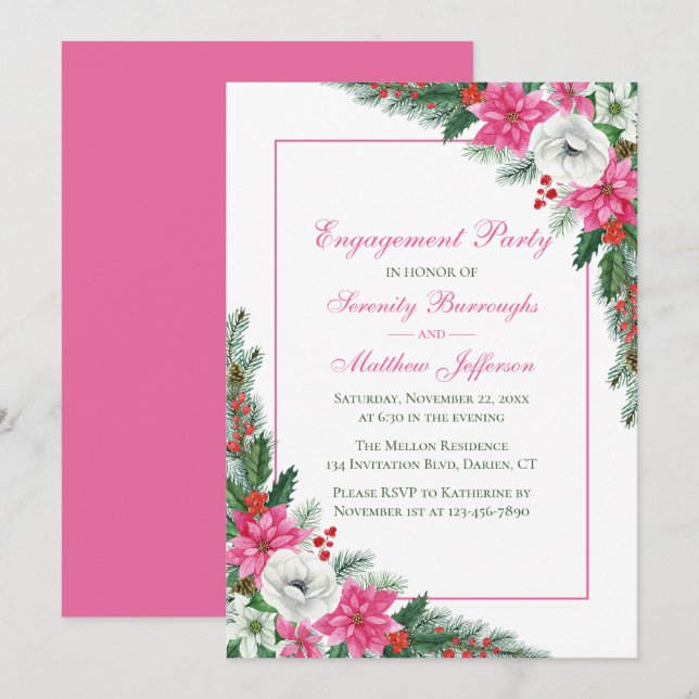 Invitación Elegante Partido de Compromiso de Navidades Rosado (Anverso / Reverso)
