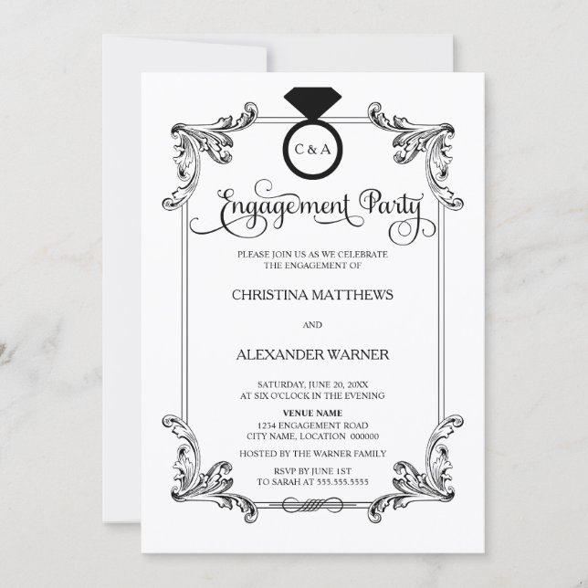 Invitación Elegante Partido de Compromiso de Ornamentos Vinta (Anverso)