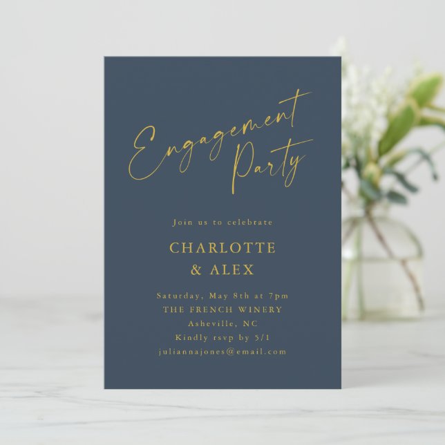 Invitación Elegante Partido de Compromiso de Oro Amarillo Azu (Anverso de pie)