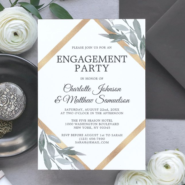 Invitación Elegante PARTIDO DE COMPROMISO DE Oro de Leaf Sage (Elegant Leaf Sage Olive Gold ENGAGEMENT PARTY Invitation)