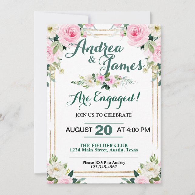 Invitación Elegante partido de compromiso de rosas rosas rosa (Anverso)
