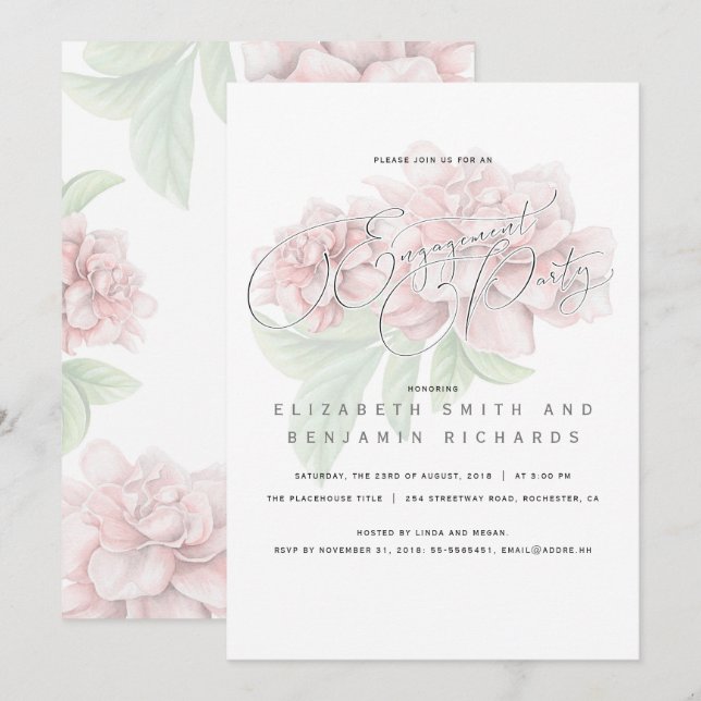 Invitación Elegante partido de compromiso de tipografía flora (Anverso / Reverso)
