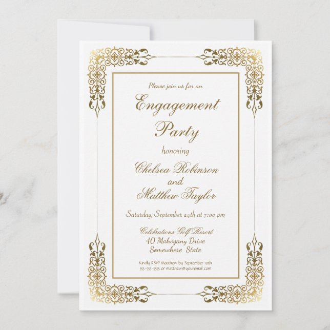 Invitación Elegante Partido de Compromiso del Oro Ornate (Anverso)