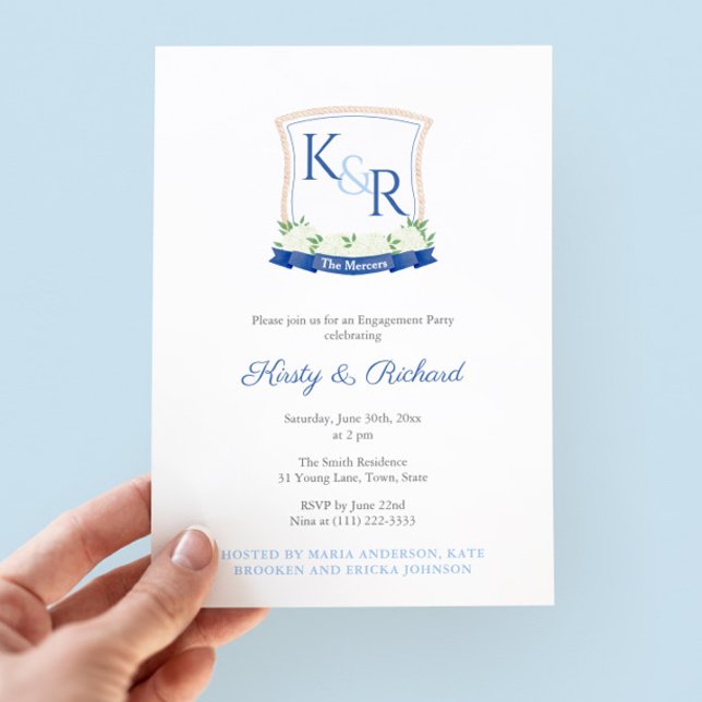 Invitación Elegante Partido de Compromiso Escudo de la Costa  (Coastal-themed engagement party invitation featuring white hydrangeas and navy blue accents)