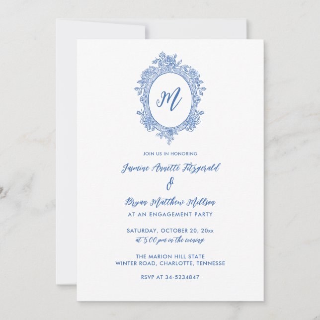 Invitación Elegante Partido de compromiso Escudo de Rosas Azu (Anverso)