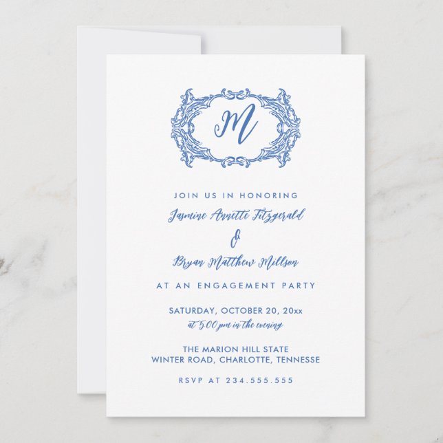 Invitación Elegante partido de compromiso Escudo francés azul (Anverso)