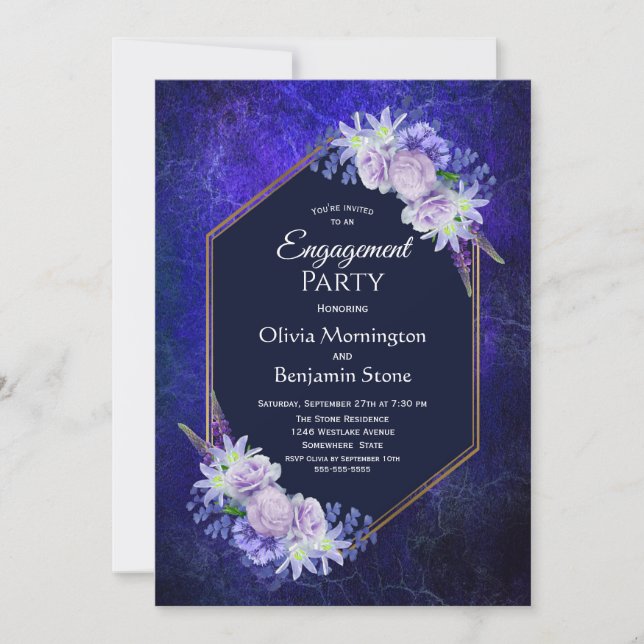Invitación Elegante Partido de Compromiso Floral Azul de la M (Anverso)