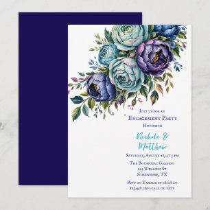Invitación Elegante partido de compromiso floral azul turques