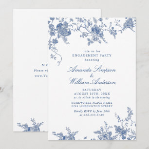 Invitación Elegante PARTIDO DE COMPROMISO Floral Azul Victori