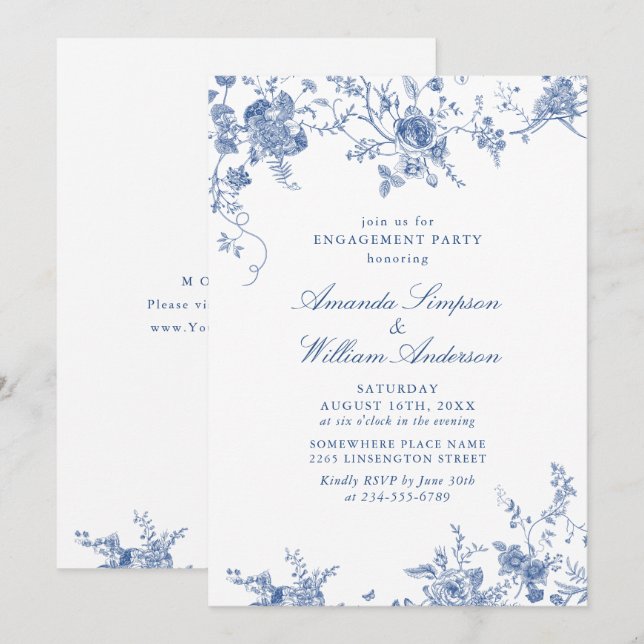 Invitación Elegante PARTIDO DE COMPROMISO Floral Azul Victori (Anverso / Reverso)