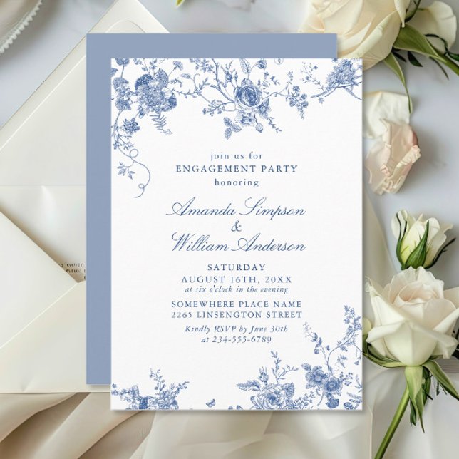 Invitación Elegante PARTIDO DE COMPROMISO Floral Azul Victori (Subido por el creador)