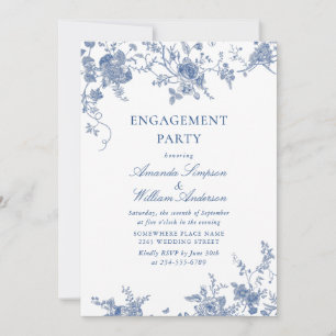 Invitación Elegante PARTIDO DE COMPROMISO Floral Azul Victori