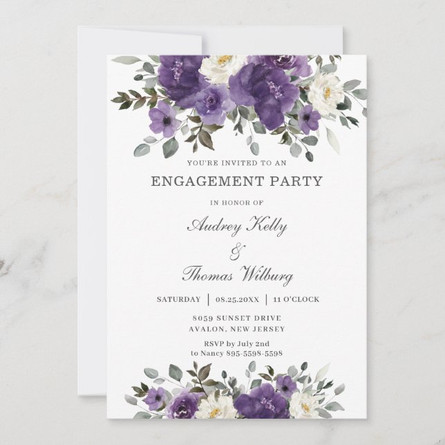 Invitación Elegante Partido de Compromiso Floral Blanco Morad (Anverso)