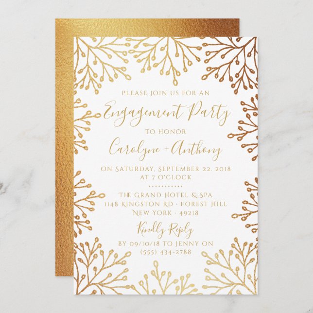 Invitación Elegante Partido de compromiso floral blanco y Rel (Anverso / Reverso)