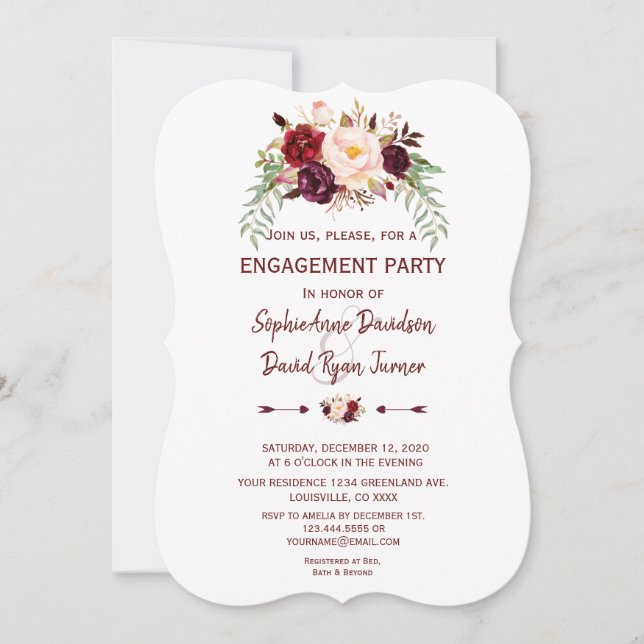 Invitación Elegante Partido de Compromiso Floral Burgundy Mar (Anverso)