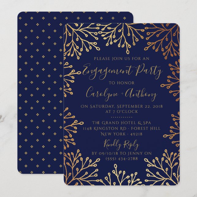 Invitación Elegante partido de compromiso floral de la marina (Anverso / Reverso)