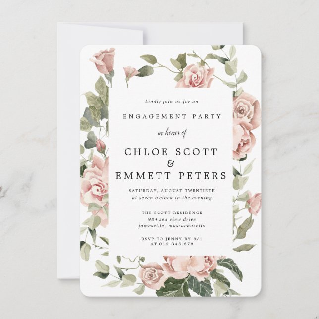 Invitación Elegante Partido de Compromiso Floral de Rosa Polv (Anverso)