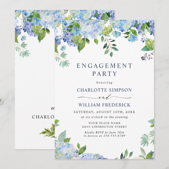 Invitación Elegante PARTIDO DE COMPROMISO floral Hydrangea az (Anverso / Reverso)